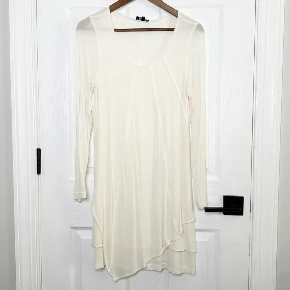 RONEN CHEN Size 1‎ US 6 Cream Knit Tunic Asymmetrical Hem Long Sleeve Lagenlook